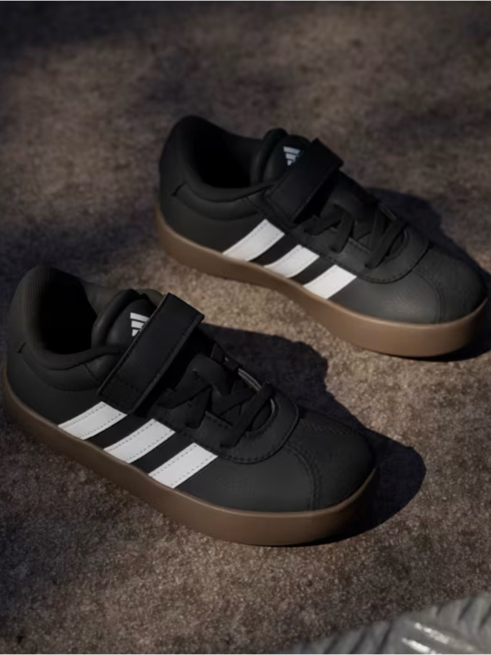 adidas Kids Black Sneakers with White Stripes and Brown Sole